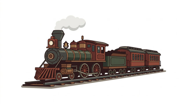 Vintage steam locomotive pulling passenger cars on railway tracks.