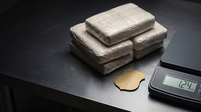 Stack of wrapped drug packages on dark table beside golden police badge and digital scale showing kilogram weight. Drugs addiction and drug conceptual. Crime of narcotics with copy-space.