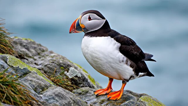 Atlantic puffin bird perched on a rocky coastal cliff.