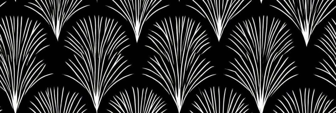 Seamless Art Deco geometric fan repeating pattern. Seamless Art Deco pattern featuring radiating white lines and dots on a black background