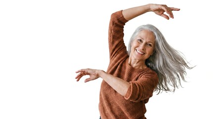 Joyful senior woman with gray hair dancing on white background