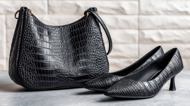Black crocodile skin handbag and matching heels.