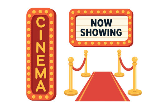 Cinema marquee signs and red carpet entrance set for movie theater premiere designs.