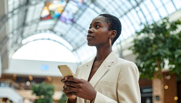 Black professional woman using phone in atrium.
