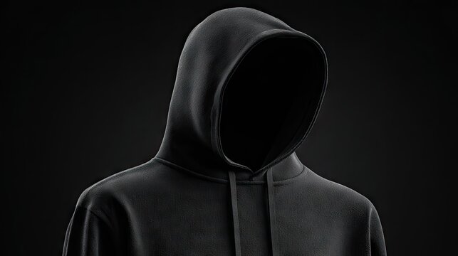 Faceless person wearing a black hoodie against a dark background.