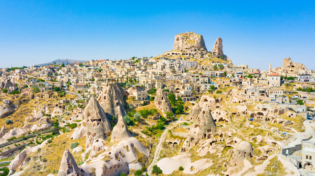 Uchisar castle in rock formation. Cappadocia. Nevsehir Province. Turkey