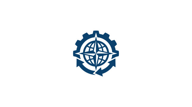 Blue Gear Globe Icon Symbol.