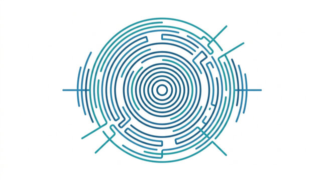 Circular maze graphic with blue lines and white background.