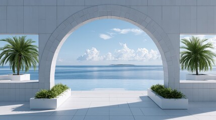 Fototapeta premium Archway frames tranquil ocean view with palm trees and clear skies
