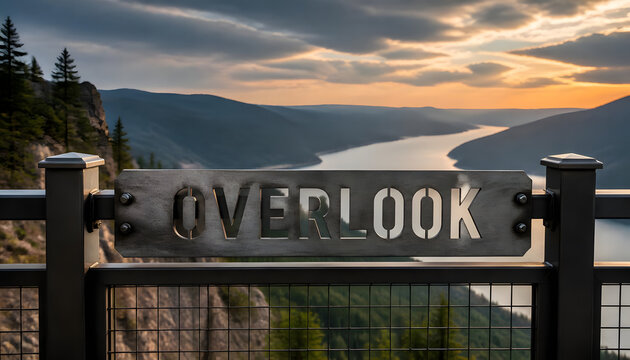Metal cutout overlook sign on a viewpoint railing at sunset