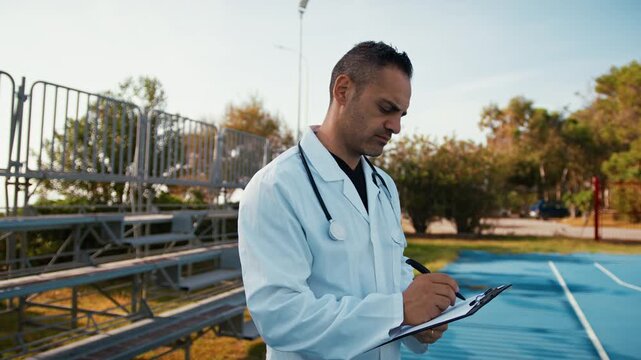 doctor evaluates the athlete's performance on the field