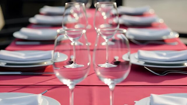 A long elegant table set for a formal dinner party with crystal wine glasses and white linen napkins arranged neatly on a vibrant red tablecloth