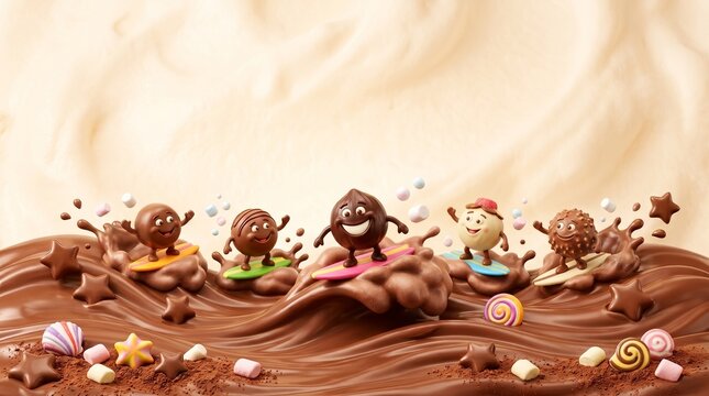 Funny Chocolate Candies Surfing Illustration for Kids and Dessert Themes