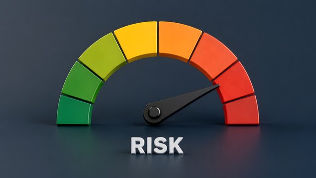 Financial risk management concept featuring a 3D gauge with a needle pointing to the red high danger zone over a dark background