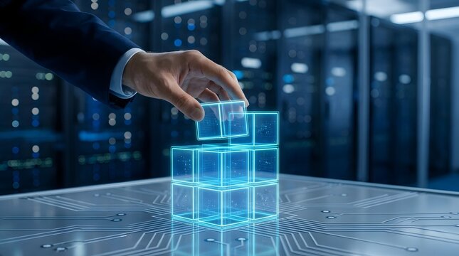 Building scalable IT infrastructure concept featuring a corporate hand assembling a glowing digital cube grid