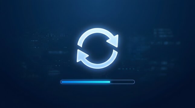 Software update loading process featuring glowing digital sync arrows and a progress bar on a dark technology background