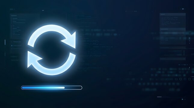 Digital transformation and software installation process with a glowing sync arrow icon and progress bar in a cyber environment