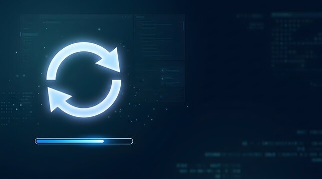 System upgrade and data synchronization concept with a glowing refresh icon and loading bar over a digital coding background