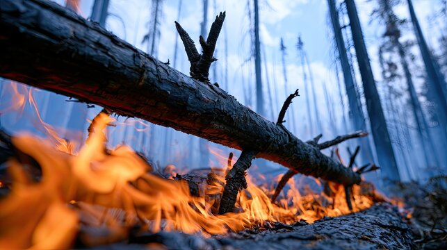 Intense flames engulf a fallen log in a smoke-filled, fire-ravaged forest