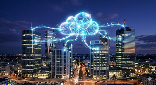 Nube digital brillante conectada a rascacielos en una ciudad moderna de noche, concepto de ciudad inteligente, computaci&oacute;n en la nube y red de telecomunicaciones.