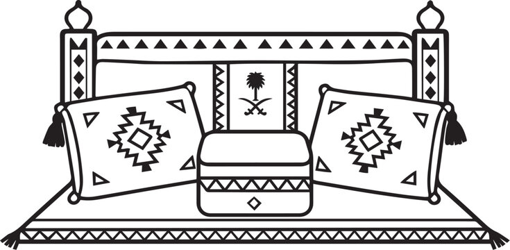 Traditional Arabic majlis seating icon, black line art vector illustration of Arabian diwan couch with Saudi emblem isolated on white background.