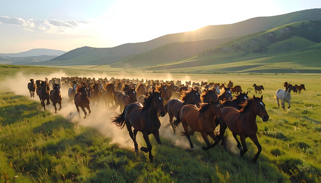 Herd of horses galloping across a grassy field at sunset.