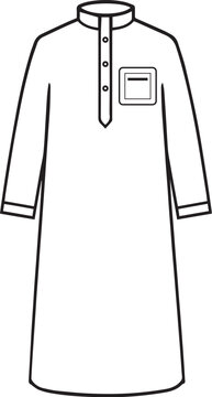 Traditional Arabic thobe icon, black line art vector illustration of male Arabian robe isolated on white background.