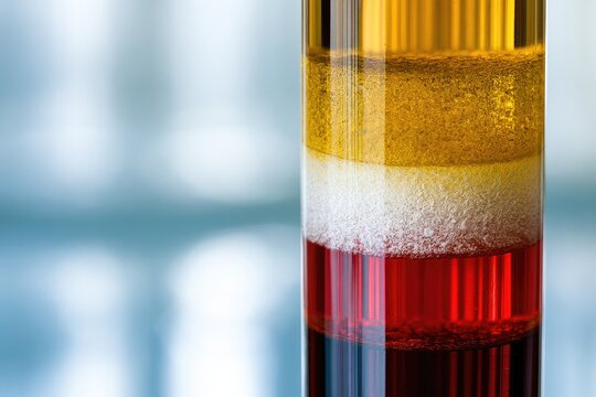 Stratified liquids in a clear tube, showing distinct color layers