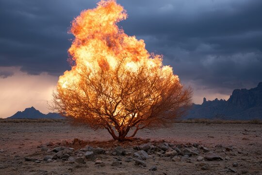 A solitary, leafless tree ablaze with intense orange flames in a desolate desert landscape