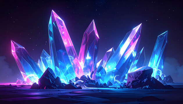 Vibrant Neon Crystal Cluster Glowing with Mystical Energy.
