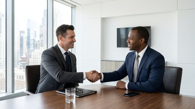 Two diverse businessmen in suits shake hands across a modern conference table in a bright office with city views, symbolizing a successful partnership or agreement.
