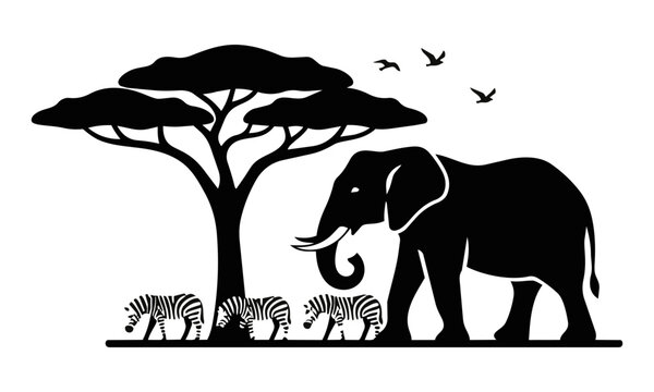 Minimalist silhouette of an acacia tree with an elephant and zebras in a savanna landscape under a bright sky, wildlife safari nature concept