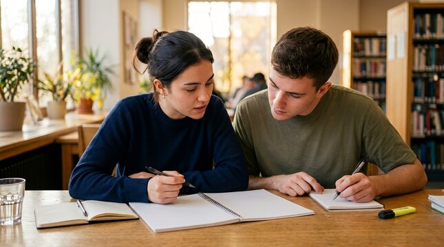 Two focused university students collaborate on their studies, writing notes and discussing assignments at a wooden table in a well-lit library.