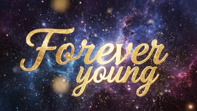 Luxurious animated golden lettering saying Forever Young floating in a cosmic galaxy space scene with twinkling stars and vibrant nebulae