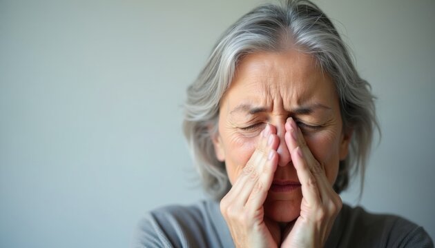 Elderly woman feels pain pressing nose bridge. Mature lady has sinus pressure headache or allergy symptom. She looks unwell and distressed, possibly with flu or rhinitis.