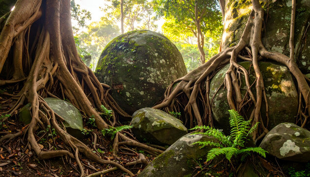 Ancient Banyan Tree Roots Enveloping Large Boulder in Lush Forest.