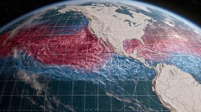 El Ni&ntilde;o Phenomenon Over Pacific Ocean: A dynamic visualization of the El Ni&ntilde;o phenomenon, showcasing the ocean currents and temperature shifts across the Pacific.