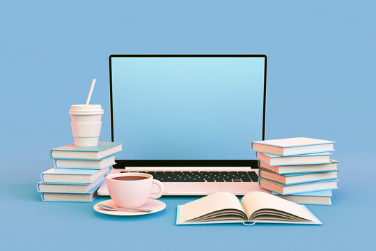 Digital Learning Oasis: A laptop sits at the center, surrounded by stacks of books, a cup of coffee, and a takeaway drink, creating an inviting scene for digital learning or remote work.