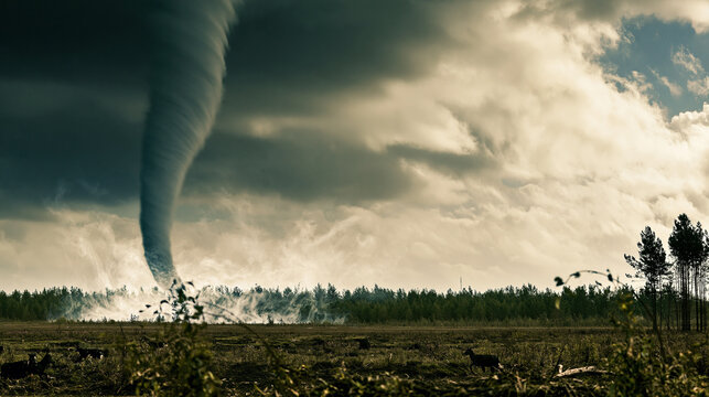 Tornado Fury: A massive tornado rages across a desolate landscape, its powerful funnel cloud dark and menacing against a turbulent sky.