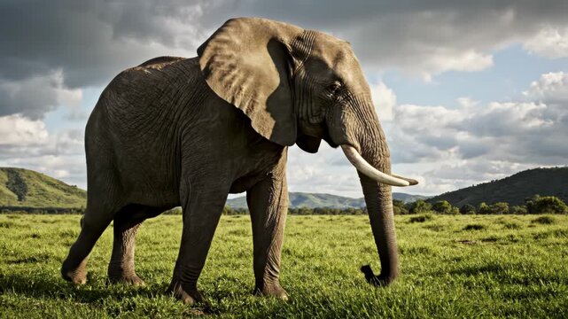 Large African elephant standing in wild grassy savanna.