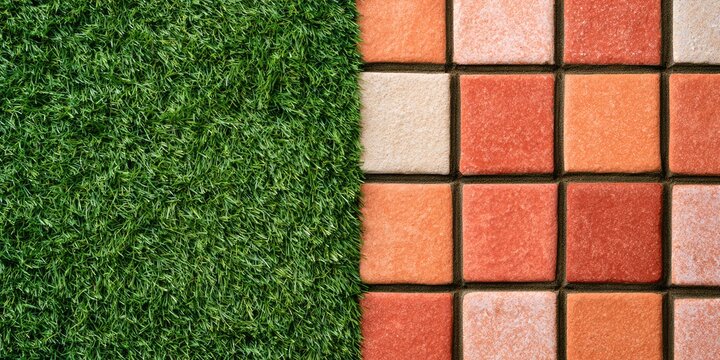 Green grass meets a grid of terracotta and cream square tiles