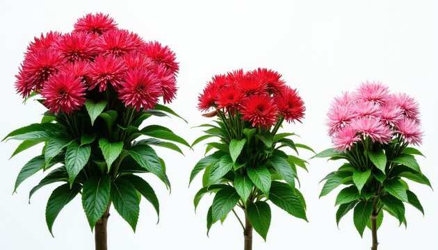 Three pentas flowers in vibrant red, soft pink hues stand against clean white backdrop. Rich green leaves, stems support delicate blossoms. Plants presented individually, natural beauty, form.