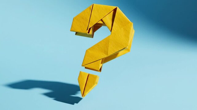Origami question mark composed of yellow paper segments floating on a light blue backdrop
