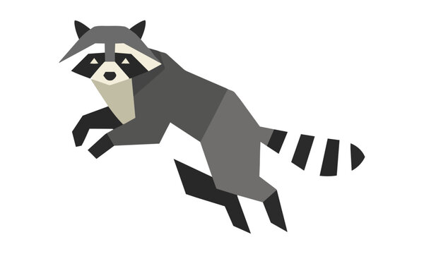 Stylized geometric raccoon leaping in a playful pose with clean angular polygons on a white background, minimalist animal design concept