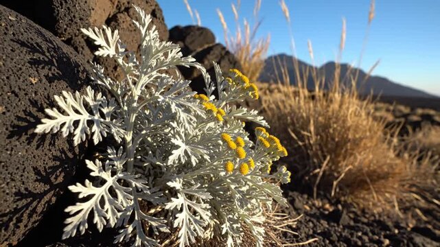 Close up of a plant with silver leaves and yellow flowers growing in volcanic landscape with mountains