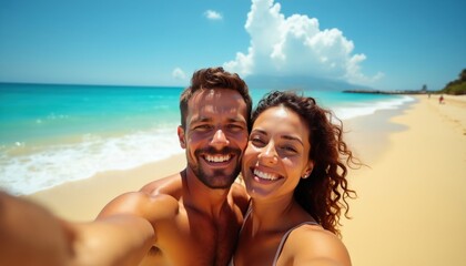 Fototapeta premium Happy couple takes selfie on sunny beach. Smiling man and woman enjoy summer vacation by blue ocean water. Couple posing for photo on sandy shore near sea waves.
