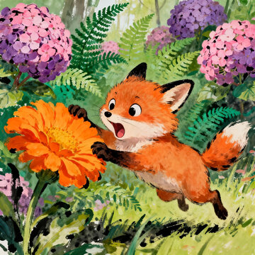 Watercolor Impasto Illustration of Curious Red Fox Touching Giant Orange Flower in Hydrangea Forest