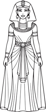 Elegant Egyptian Queen in Ornate Headdress and Flowing Gown, Ancient Royalty black and white vector illustration
