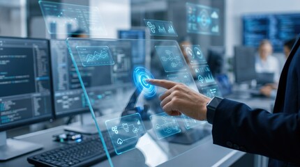 Fototapeta premium Business person interacts with touch screen in a modern office during a working day