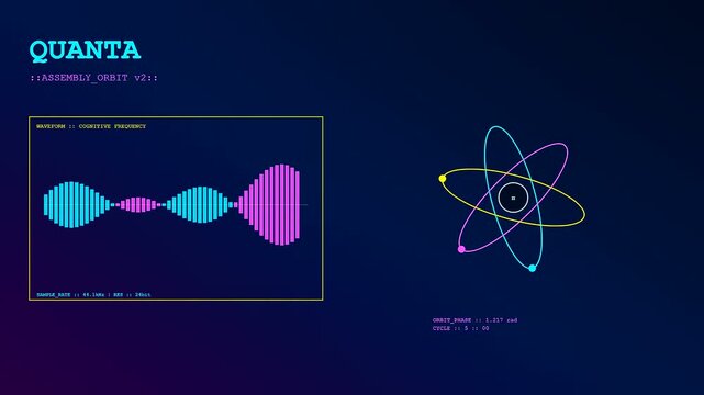 A vibrant cognitive assembly visualizes abstract scientific data structures through pulsating neon waveforms and orbital atomic geometry patterns oscillating in real time on dark blue screen
